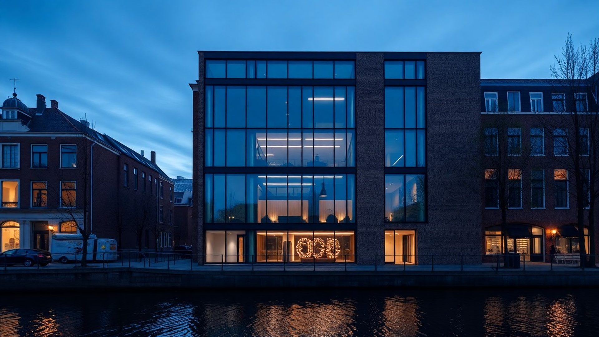 Amsterdams grachtenkantoor in de schemering, met indigo en staalblauwe tonen