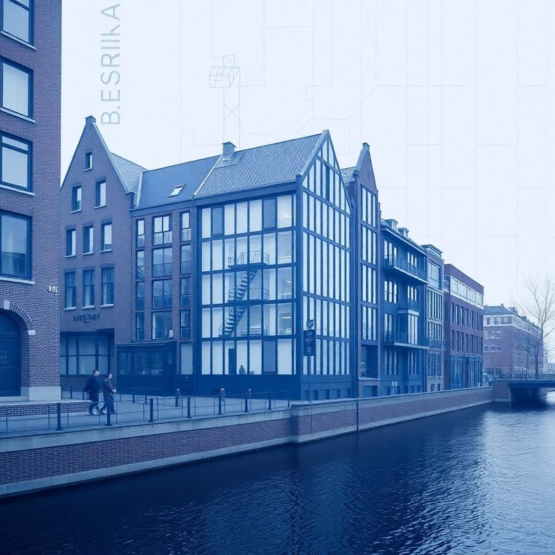 Architectuurblauwdruk van een Amsterdams gebouw met indigo gradient