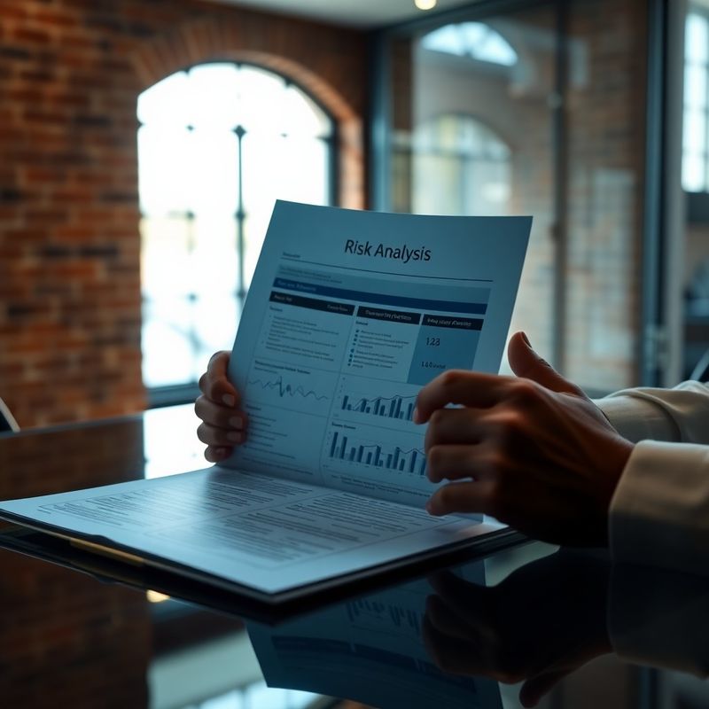 Handen bekijken een risicorapport op een glazen bureau, indigo tinten